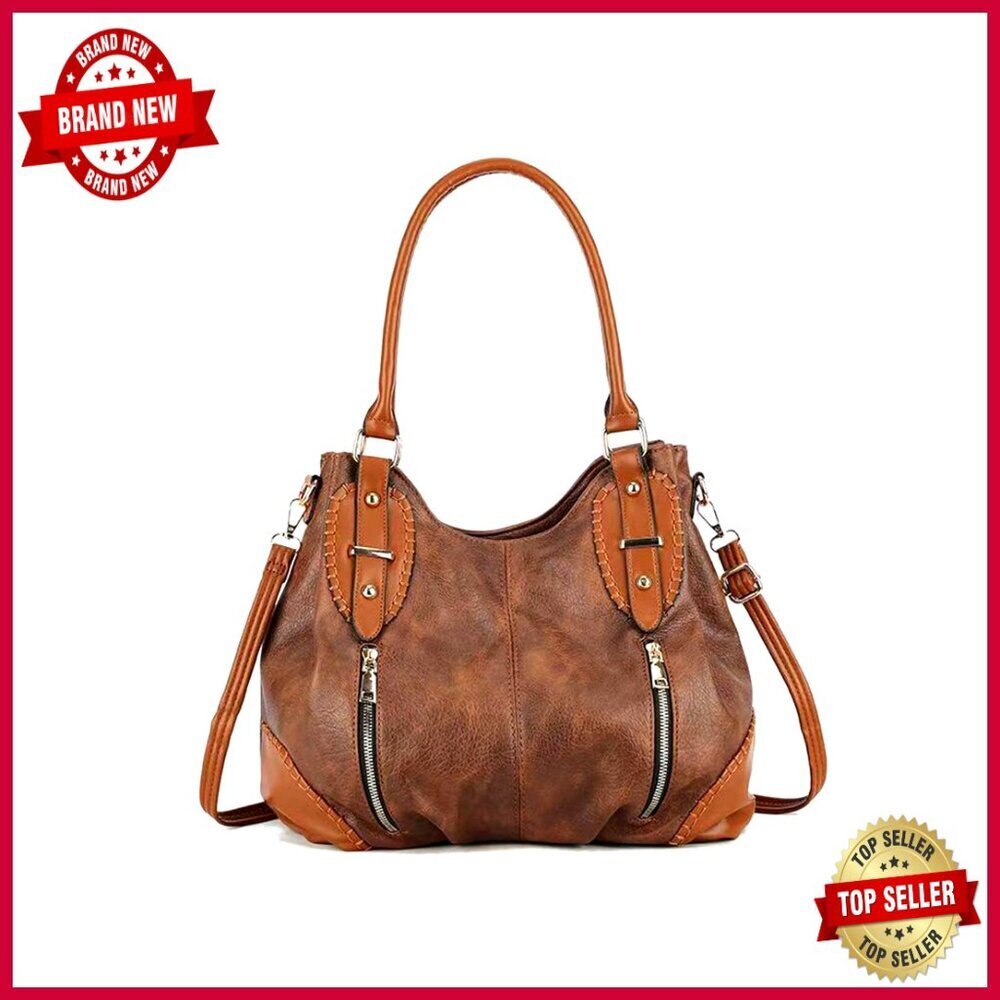 Large Vintage PU Leather Hobo Tote with Adjustable Strap, 6 Pockets